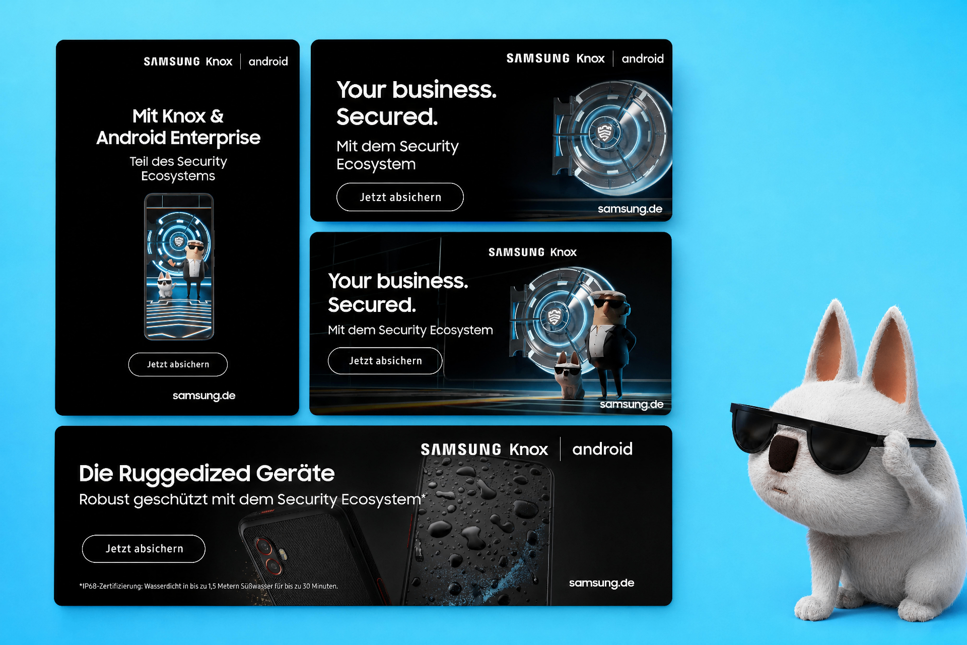 Samsung Knox web banner set on a cyan background — four dark banners featuring the Sam character, a security vault visual, and a ruggedized device, with Samsung Knox / Android lockups and 'Jetzt absichern' CTAs