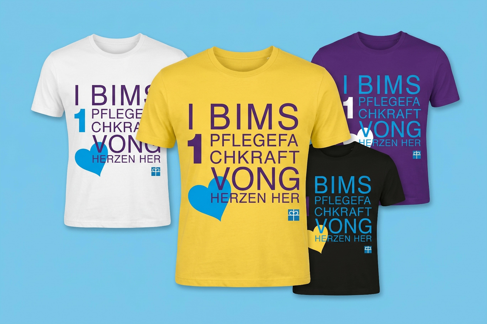 Diakonie care-themed T-shirt series in white, yellow, purple and black with typographic print on cyan background